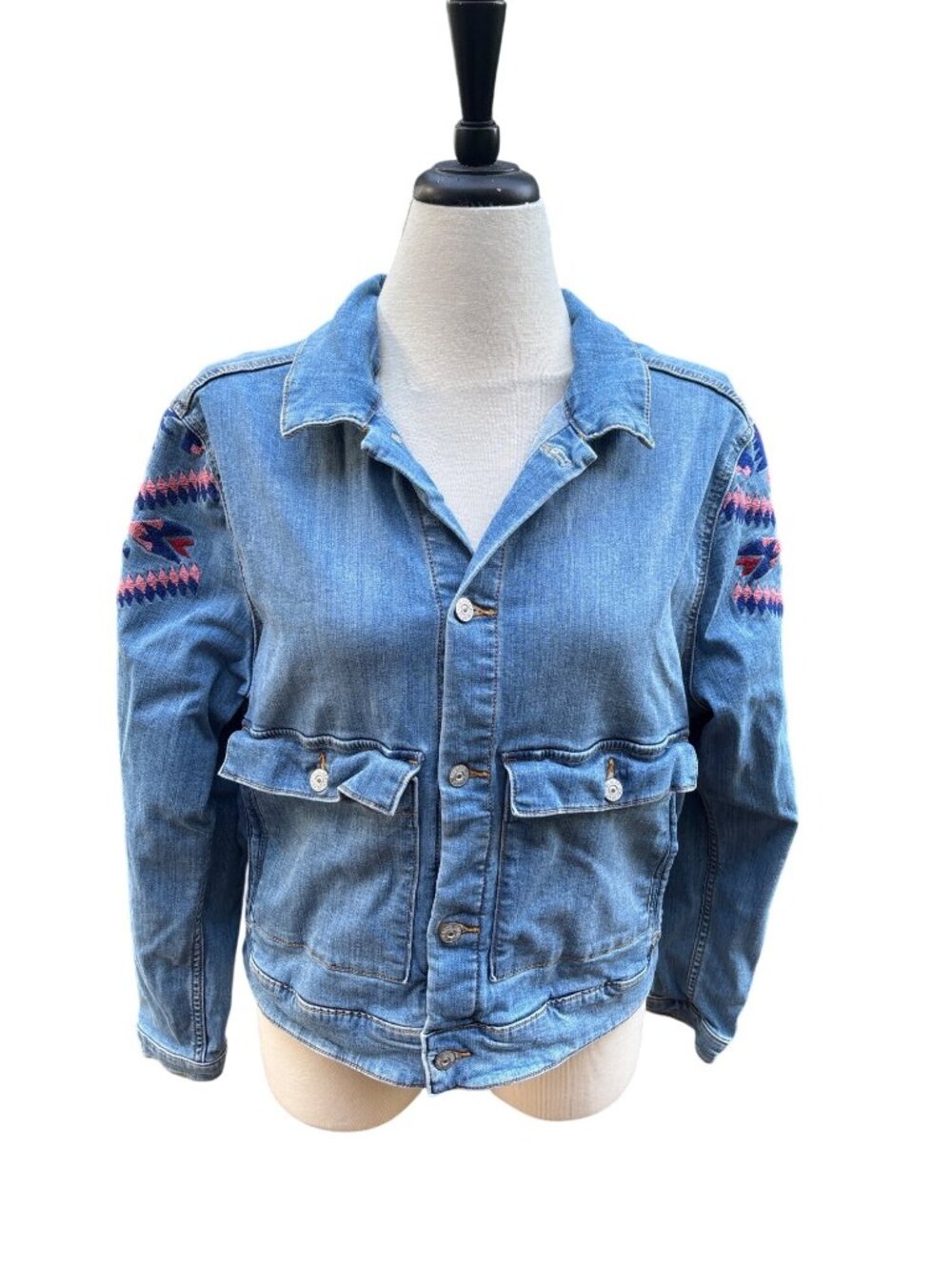 2XL Blue Aztec Pattern Embroidered Denim Jacket Size Snap Front LuLaRoe Womens